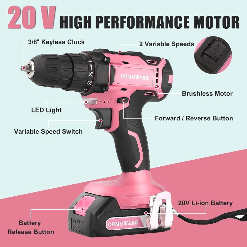 Photo 1 of 20V Cordless Drill, 3/8” Keyless Chuck, 353 In-lb (40 N.m) Torque, 2 Variable Speed, Electric Power Drill Set with 1.5AH Battery & Charger, 25+1 Position and 34 pcs Drill/Driver Bits (Pink)