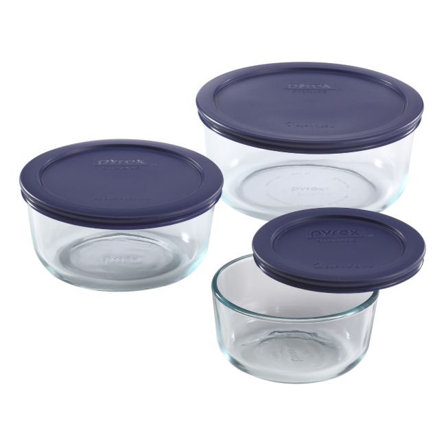 Photo 1 of 
Pyrex 6-piece Round Glass Food Storage Container Set with Blue Lids
