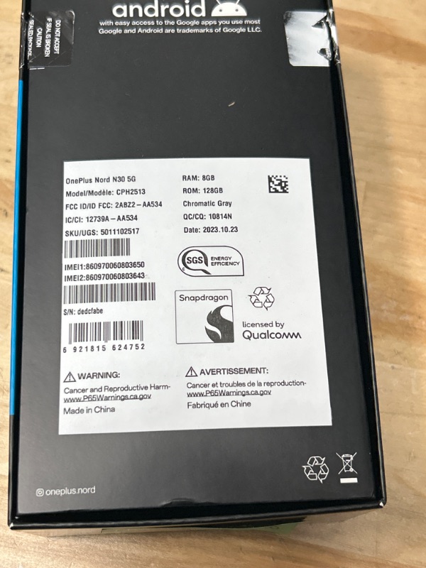 Photo 5 of ****POWERS ON ,****OnePlus Nord N30 5G | Unlocked Dual-SIM Android Smart Phone | 6.7" LCD Display | 8 +128GB | 5000 mAh Battery | 50W Fast Charging | 108MP Camera | Chromatic Gray