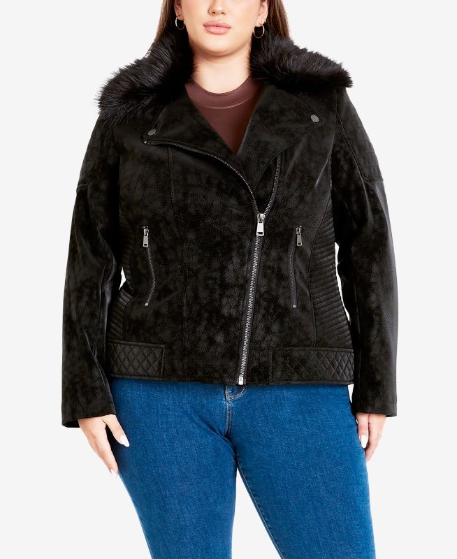 Photo 1 of Avenue Plus Size Natalia Faux Fur Collared Jacket - Black
 24