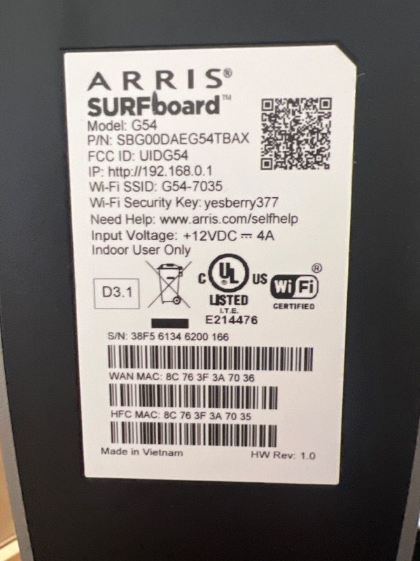 Photo 3 of ARRIS (G54) - Cable Modem Router Combo - Fast DOCSIS 3.1 Multi-Gigabit & BE 18000 WiFi 7 Router Comcast Xfinity, Cox, Spectrum Quad-Band 1, Up to 18 Gbps Max Speed