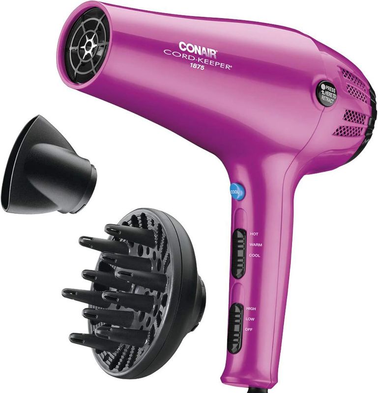 Photo 1 of 
Conair Hair Dryer with Retractable Cord, 1875W Cord-Keeper Blow Dryer,Pink
Color:Pink