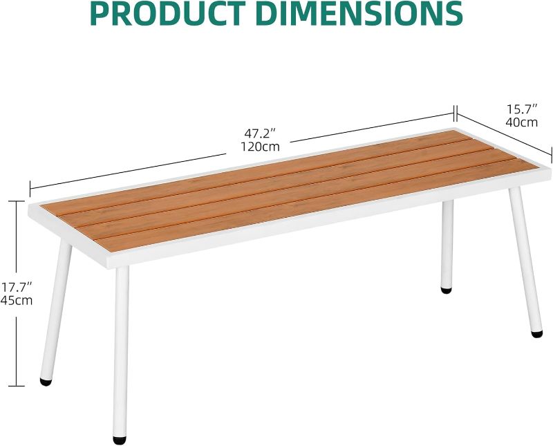 Photo 1 of (READ FULL POST) YITAHOME Outdoor Faux Wood Bench, Weatherproof Patio Bench with Slatted for 3, Backless Seat and Metal Frame, Outside Dining Bench for Garden, Porch, 47.2 x 15.7 x 17.7 Inch - Teak & White
