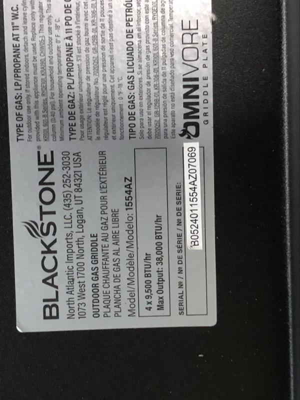 Photo 3 of ***DAMAGED - MISSING PARTS - SEE PICTURES - UNABLE TO VERIFY FUNCTIONALITY***
Blackstone 1554 36" Omnivore Griddle with Folding Side Shelves, 36 Inch, Black