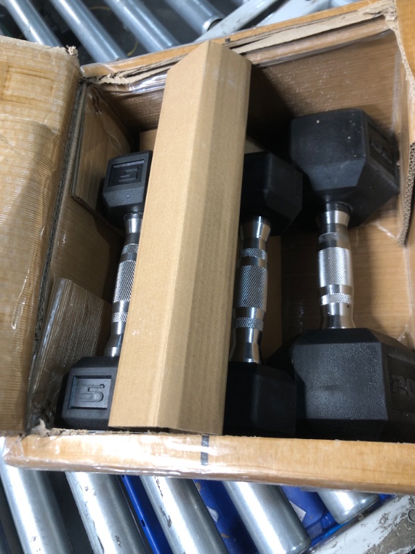 Photo 2 of ***STOCK PHOTO REFERENCE ONLY***
Amazon Basics Rubber Hex Dumbbell Hand Weight 20 LBS X 2, 5 LBS X 2

