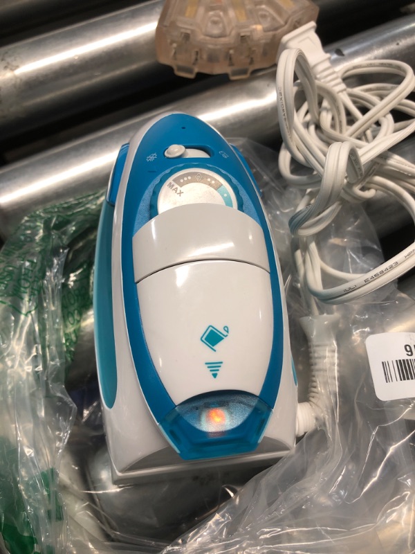 Photo 2 of ***ITEM TESTED FOR POWER, UNABLE TO TEST FURTHER***
Sunbeam Travel Steam Iron, 1080 Watt, Dual Voltage 120/240, Compact Size, Portable, Non-Stick Soleplate, Soft Touch Handle, Horizontal or Vertical Use, Travel Bag, White and Teal