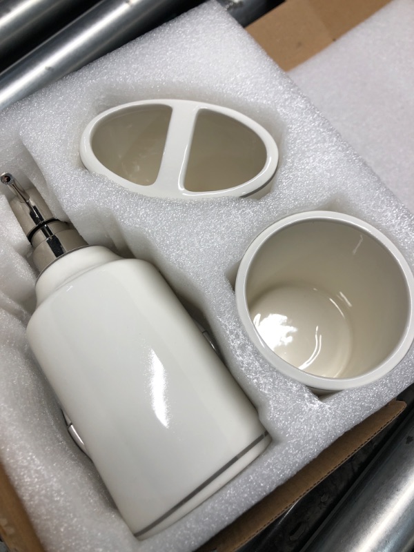 Photo 2 of * missing soap dish ***Motifeur Bathroom Accessories Set, 4-Piece Ceramic Bath Accessory Complete Set with Lotion Dispenser/Soap Pump, Tumbler, Soap Dish and Toothbrush Holder (White)