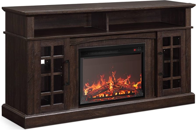 Photo 1 of ****STOCK PHOTO FOR REFERENCE ONLY***BELLEZE Traditional 58" Rustic TV Stand with 23" Electric Fireplace Heater with Sound, Media Entertainment Center Console Table for TV up to 65" with Open Storage Shelves and Cabinets - Espresso