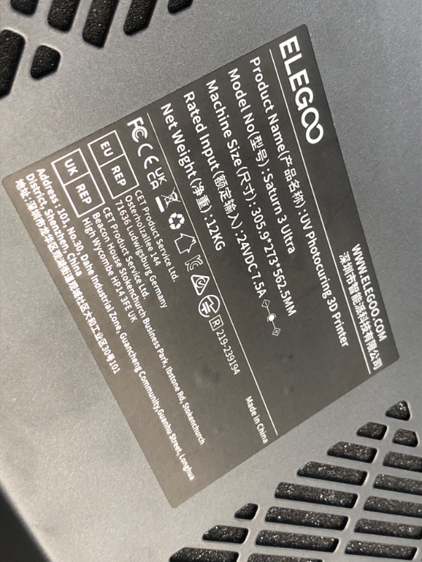 Photo 4 of ***USED - MISSING POWER CORD - UNABLE TO TEST - SEE PICTURES***
ELEGOO Saturn 3 Ultra MSLA 3D Printer with 10" 12K Monochrome LCD, Wi-Fi Transfer, ACF Release Liner Film, Desktop Resin 3D Printer with Large Printing Size of 8.62 x 4.84 x 10.24 inches