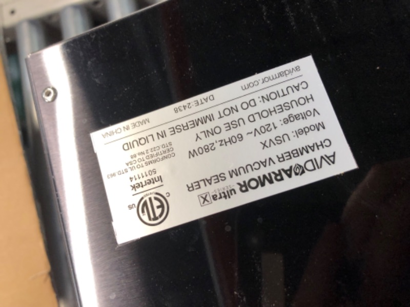 Photo 4 of ***USED - DAMAGED - DENTED - SEE PICTURES - POWERS ON - UNABLE TO TEST FURTHER***
Avid Armor Chamber Vacuum Sealer Machine USVX Ultra Series 10" Seal Bar for Liquid-Rich Wet Foods, Cooking Sous Vide, Infusions. Compact Size Vacuum Chamber Sealer Black Col