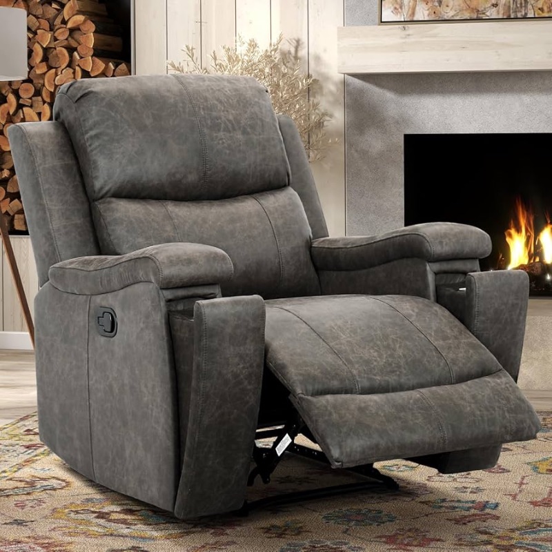 Photo 1 of ***STOCK PHOTO REFERENCE ONLY**HEAD OF CHAIR ONLY***CANMOV Leather Recliner Chair, Classic and Traditional Manual Recliner Chair with Overstuffed Arms and Back, Manual Single Sofa with Concealed Cup Holders,Grey