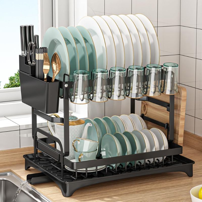 Photo 1 of ***IAMGE fOR REFERENCE***
Dish Drying Rack, Multifunctional Dish Rack, Rustproof Kitchen Dish Drying Rack with Drainboard, Space-Saving 2-Tier Dish Drying Rack with Utensil Holder & Cup Holder for Kitchen Counter,Black