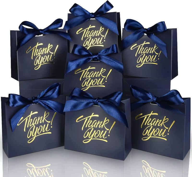 Photo 1 of  Small Thank You Gift Bags, 4.5x1.8x3.9in Party Favor Bags Boxes with Bow Ribbon, Small Paper Gift Bags with Gold Foil Printed, Mini Candy Treat Bags for Birthday Wedding Party Holiday