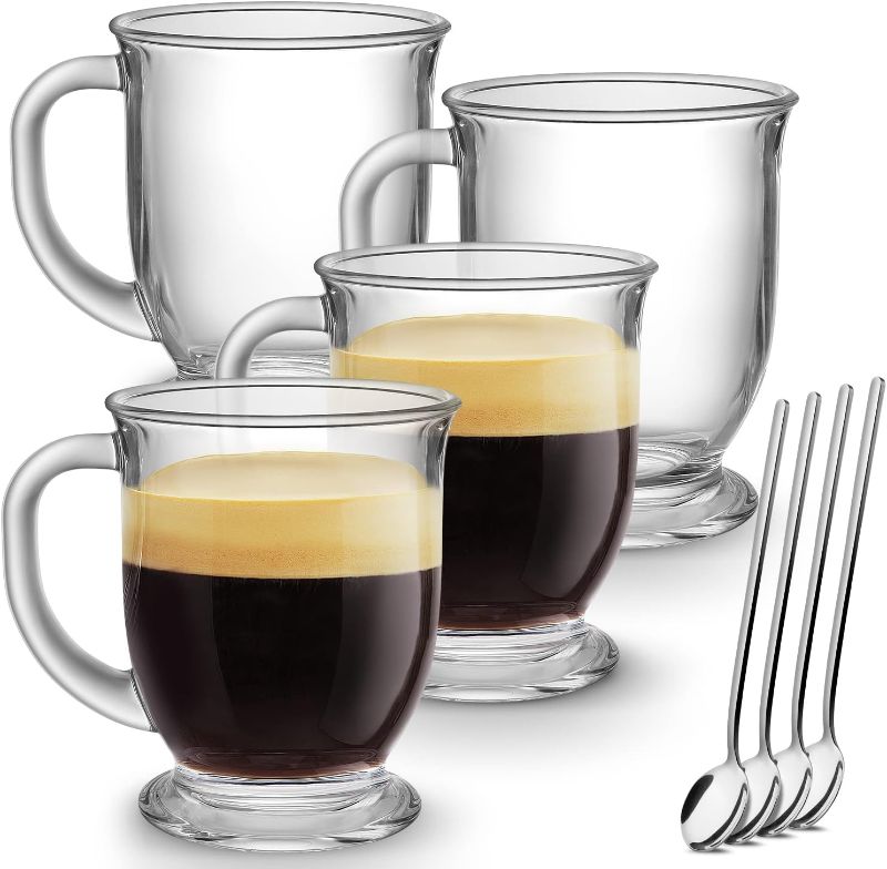 Photo 1 of (FAIR) Mfacoy Glass Coffee Mugs Set of 4, Clear Large Coffee Mug 15 Oz With Handles for Hot Beverages, Clear Mugs for Tea, Cappuccino, Latte, Espresso Coffee, Juice, Glass Coffee Cups
