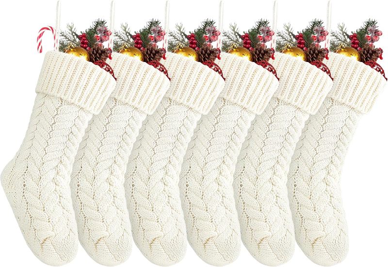 Photo 1 of  6 Pack Size Cable Knitted Fireplace Hanging Stockings for Family Holiday Xmas Party Decorations, Ivory White