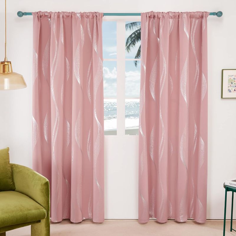 Photo 1 of ***IMAGE FOR REFERERNCE**
Deconovo Blackout Back Tab Silver Curved Wave Pattern Printed Curtains, Coral Pink, 52W x 90L