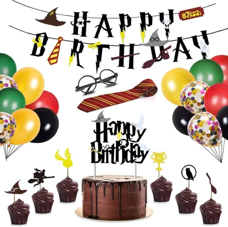 Photo 1 of ** STOCK PHOTO FOR REFERENCE ONLY** Magical Party Supplies Set Pre-assembly Wizard Happy Birthday Banner, Wizard Glasses, Cake and Cupcake Toppers, Wizard Tie and Balloons for Wizard Party ecorations; 63pcs of Magical Decor Stuff