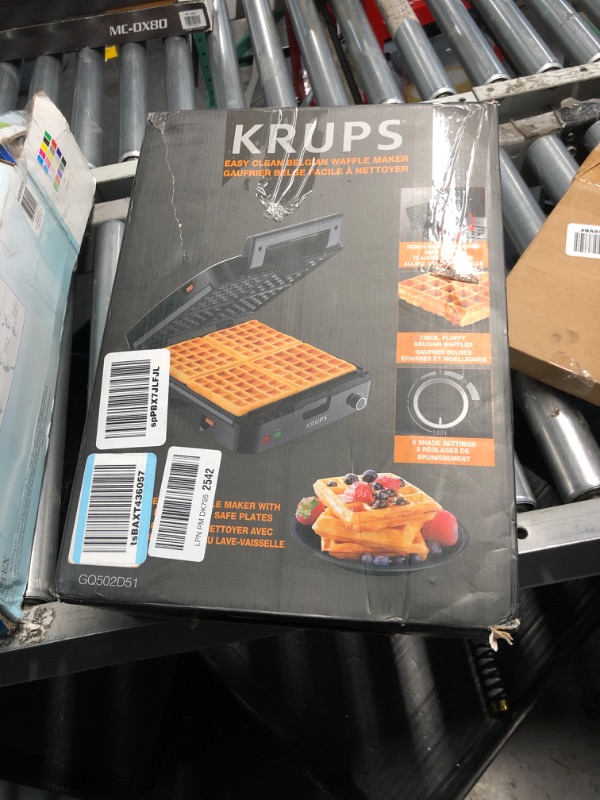 Photo 2 of **MINOR DAMAGE USED**
KRUPS 4-Slice Belgian Waffle Maker: Stainless Steel, 5 Browning Levels, Audible Ready Beep, Removable Plates, 1200W, Silver/Black - Perfect for Family Breakfasts