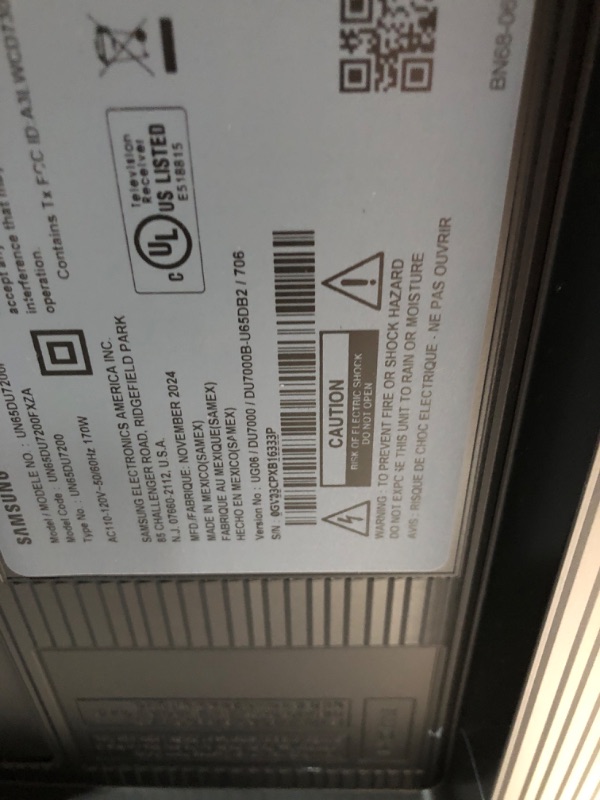 Photo 3 of ***USED - POWERS ON - MISSING POWER CORD - UNABLE TO TEST FURTHER - SEE PICTURES***
SAMSUNG 65-Inch Class Crystal UHD 4K DU7200 Series HDR Smart TV w/Object Tracking Sound Lite, PurColor, Motion Xcelerator, Mega Contrast, Q-Symphony (UN65DU7200, 2024 Mode