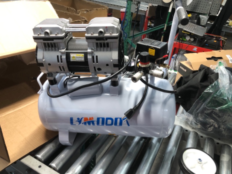 Photo 1 of ***POWERS ON - UNABLE TO TEST FURTHER - WHEEL MOUNT BENT - SEE PICTURES***
LJ8170A Aluminum Tank Quiet Air Compressor Bundle with Air Hose 25ft Hose And Accessory Kit