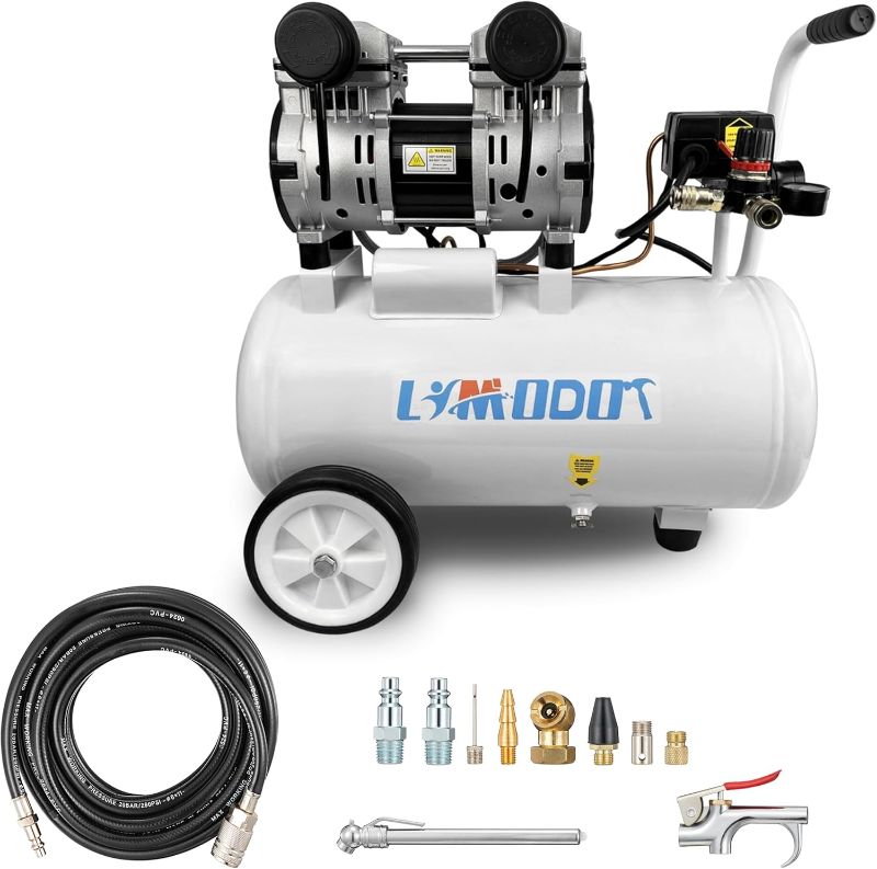 Photo 1 of ***POWERS ON - UNABLE TO TEST FURTHER - WHEEL MOUNT BENT - SEE PICTURES***
LJ8170A Aluminum Tank Quiet Air Compressor Bundle with Air Hose 25ft Hose And Accessory Kit