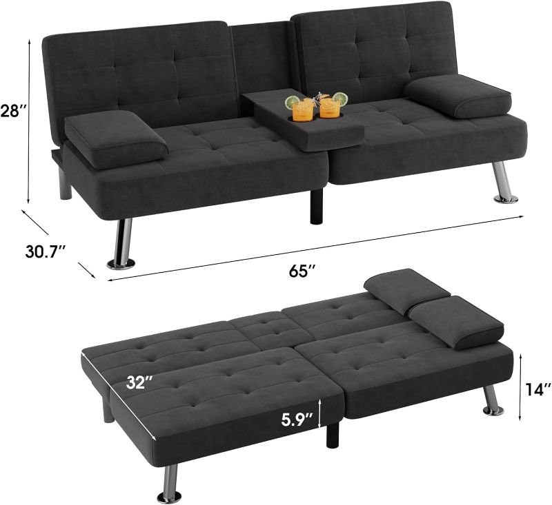 Photo 2 of ***USED - NO PACKAGING - SEE PICTURES***
Flamaker Futon Sofa Bed Modern Folding Futon Set Linen Fabric Convertible Recliner Lounge for Living Room with 2 Cup Holders, Removable Armrests (Fabric, Black)