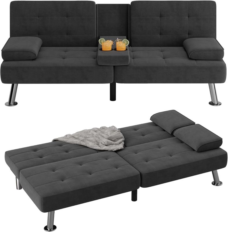 Photo 1 of ***USED - NO PACKAGING - SEE PICTURES***
Flamaker Futon Sofa Bed Modern Folding Futon Set Linen Fabric Convertible Recliner Lounge for Living Room with 2 Cup Holders, Removable Armrests (Fabric, Black)