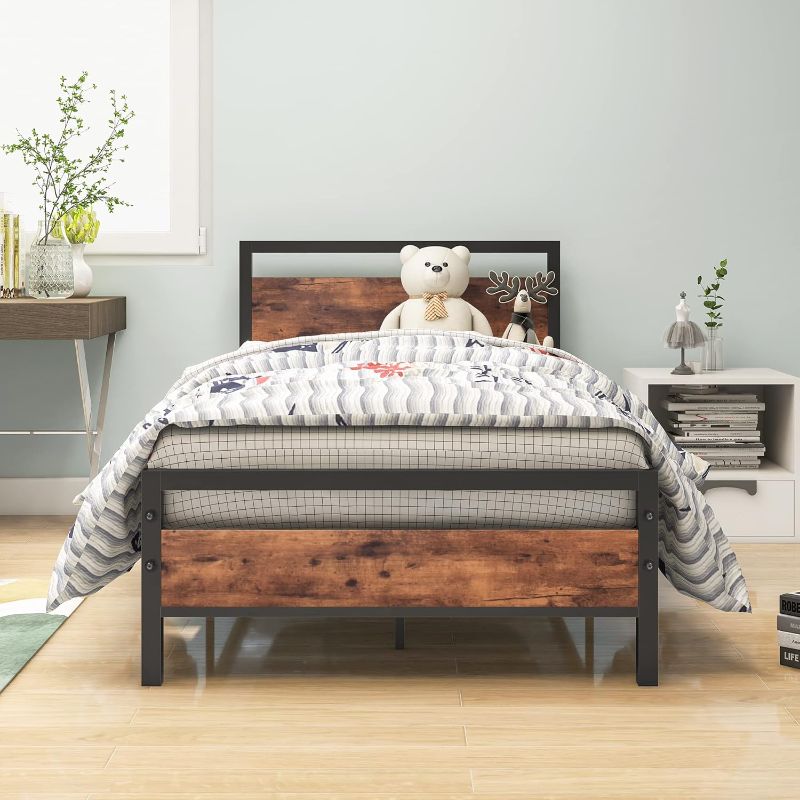 Photo 1 of ***IMAGE FOR REFERENCE*** ***TRUCK / TRAILER PICK UP***
Metal Twin Size Bed Frame with Wood Headboard, Platform Bed Frame Twin, Bed Base Steel Slats, No Box Spring Needed, Black and Rustic Brown