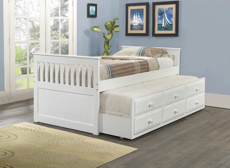 Photo 1 of ***IMAGE FOR REFERENCE***
DONCO KIDS TWIN MISSION CAPTAINS BED (RAILS) ONLY 
****(BOX 2/3, MISSING BOXES 1 & 3)****
MODEL: 103BTW (WHITE)
**YOU WILL NOT BE ABLE TO BUILD BED PICTURED WITH PIECE FROM THIS AUCTION.**