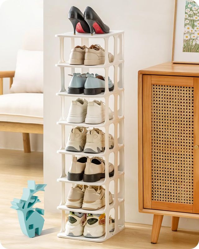 Photo 1 of ***IMAGE FOR REFERENCE***
shoe holder with forms Tier Shoe Rack, Free Standing Shoe Storage Organizer for Closet, Plastic Stackable Shoe Storage Tower, Vertical Shoe Holder for Entryway Space Saving Narrow Shoe Cabinet (White)