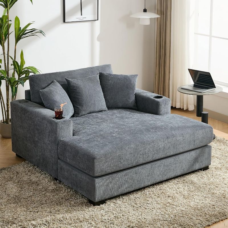 Photo 1 of ***TRUCK / TRAILER PIC UP*** **BOXES 3 OF 3***
55" Oversized Chenille Fabric Chaise Longue Indoor, Modern Comfy Thicked Upholstered Sofa Couch with Pillows, Charge Station & Cup Holders, Comfy Reclining Sleeper Chair (Blue Gray/55)