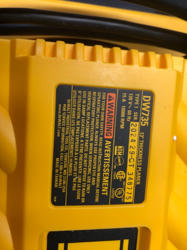 Photo 7 of ***HEAVILY USED - LIKELY MISSING PARTS - UNABLE TO TEST - SEE PICTURES***
DEWALT Planer, Thickness Planer, 13-Inch, 3 Knife for Larger Cuts, Two Speed 20,000 RPM Motor, Corded (DW735)