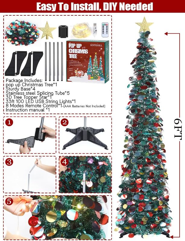 Photo 1 of (RAED FULL POST) SINTENILL 6 FT Pop Up Christmas Tree with 100 LED Timer Lights, Green Tinsel Christmas Tree, Collapsible Artificial Pencil Christmas Tree Pull Up Tree Holiday Decor for Indoor Home, Office, Party