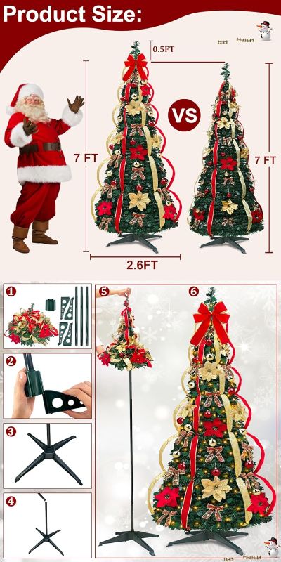 Photo 4 of (MISSING STAND) 7 Ft Pop Up Full Christmas Tree Prelit 8 Modes 250 Warm White Lights Timer,Pre-Decorated 1 Minute Pull Up Christmas Tree 84 Ornaments UL Plug in Collapsible Xmas Trees Outdoor Indoor Holiday Decor