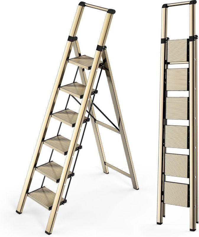 Photo 1 of *** FACTORY SEAL***WOA WOA 6 Step Ladder, Lightweight Folding Ladder with Non-Slip Wide Pedals, Ladder with Safe Grip Handle, Easy to Open and Close, Suitable for Home and Outdoor - Brown Gold