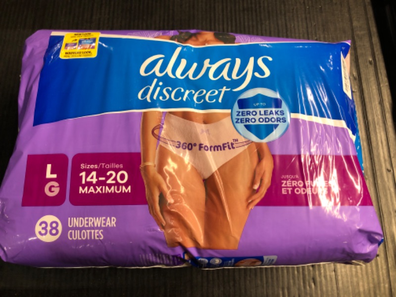 Photo 2 of *** FACTORY SEALED ***  Always Discreet Adult Incontinence Underwear for Women and Postpartum Underwear, L, Up to 100%* Bladder Leak Protection, 76 CT, Large 76