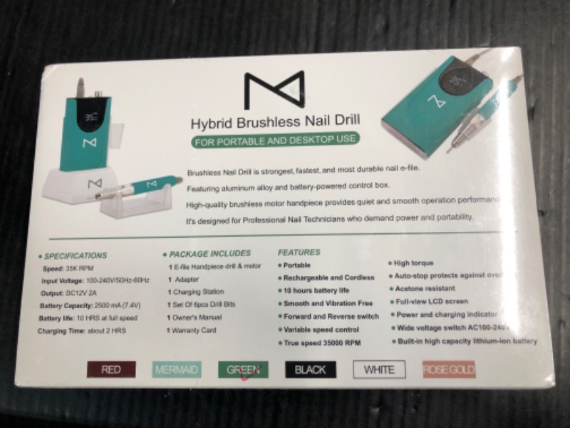 Photo 3 of *** FACTORY SEALED ***  M Max - Professional Nail Drill Machine - 2-in-1 Brushless Motor Nail File - Electric, Cordless, Aluminium Alloy Casing, 35000 RPM, HD Display - Perfect for Salon & Home Use (Green)