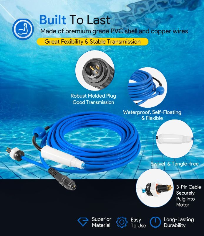 Photo 1 of ***CABLE ONLY**
99958906-DIY Cable and Swivel - 3 Wire - for Dolphin Robotic Pool Cleaners Active 30, 30i, 40, S300i, S400, T45, T55i Compatible with Wi-Fi/Bluetooth -18M (60ft)