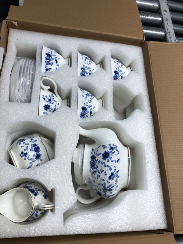 Photo 2 of ***MISSING ONE CUP***LE POTOCIO Bone China Tea Set, 21-Pieces Porcelain Tea Set for Adults, Tea Cups And Saucers for 6, with Teapot, Spoons, Sugar Bowl, Creamer Pitcher, Vintage Tea Set for Women Tea Party (Blue)