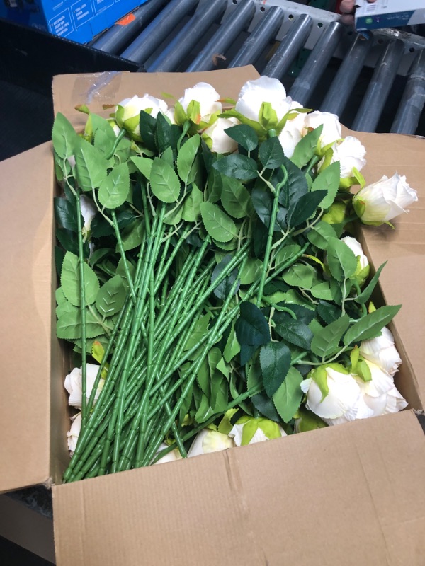 Photo 1 of Jexine 100 Pieces Artificial Roses Flowers Bulk, Long Stem Realistic Fake Silk Roses Bouquet for Table Centerpiece Vases Wedding Party Kitchen Decor (Beige)