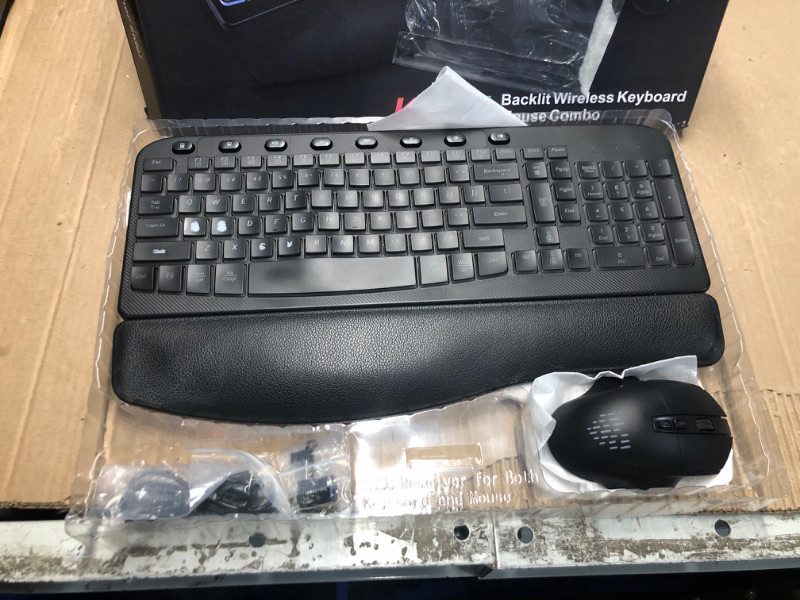 Photo 1 of Ergonomic Wireless Keyboard and Mouse Combo - Wave Keyboard with Soft Leather Wrist Rest, RGB Backlit, Silent Rechargeable Set for PC, Laptop, Windows, Mac, Chromebook, SABLUTE (Black)