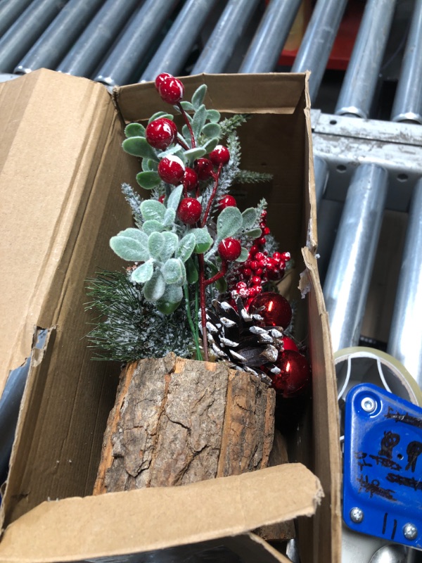 Photo 1 of Small Christmas Tree Tabletop Artificial Mini Christmas Tree Decorations with Holiday Ornaments Red Berry Pine Cone Greenery for Home Indoor Fireplace Mantel Xmas Decor (2pcs -Tree Stump-Red)