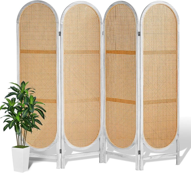 Photo 1 of ***STOCK PHOTO FOR REFERENCE*** 4 Panels Room Dividers, Foldable Wooden Room Dividers, Individual Privacy Screens Made of Hand-Woven Rattan, Portable Wall Dividers for Home Office Bedroom Bathroom Dressing Room (Black Natural)
