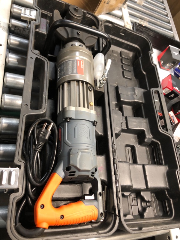 Photo 1 of Electric Rebar Bender 1150 W Hydraulic Rebar Bending Machine 7/8 Inch #7 10-22mm Rebar within 2.5-3 s Easy Bending Rebar Steel Bar HRB-22 (Grey + Orange)
