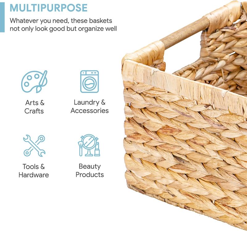 Photo 3 of (READ FULL POST) Large Wicker Basket Rectangular with Wooden Handles for Shelves