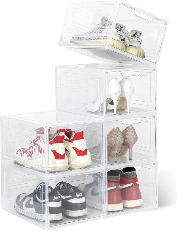 Photo 1 of (READ FULL POST) EOENVIVS Shoe Storage Boxes Fit Size 13, 6 Pack Clear Plastic Shoe Organizer with Stackable Design and Magnetic Door, Space Saving Shoe Rack Containers for Boots and Sneakers, White