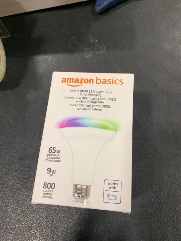 Photo 2 of Amazon Basics Smart BR30 LED Light Bulb, Color Changing, 60W Equivalent, 800LM, Works with Alexa Only, 2.4 GHz Wi-Fi, No Hub Required, 1-Pack