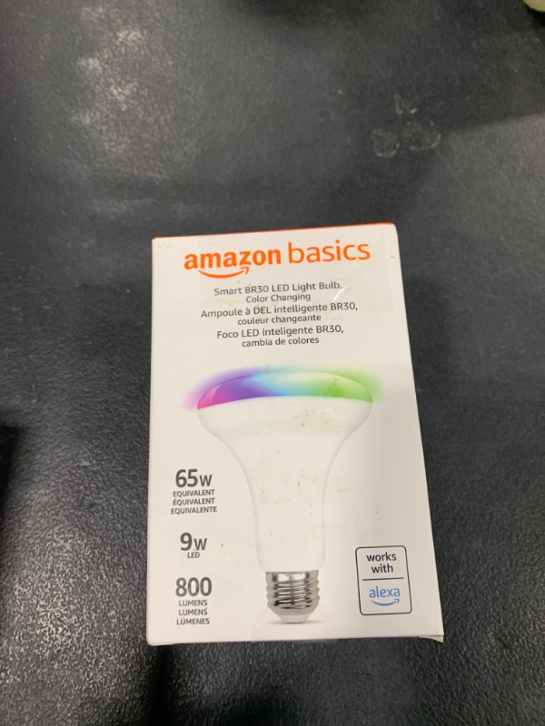 Photo 2 of Amazon Basics Smart BR30 LED Light Bulb, Color Changing, 60W Equivalent, 800LM, Works with Alexa Only, 2.4 GHz Wi-Fi, No Hub Required, 1-Pack