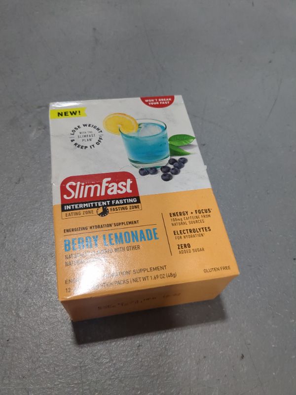 Photo 2 of SlimFast Intermittent Hydration Packets, Intermittent Fasting Electrolytes, Energy Powder Drink Mix, Caffeine from Natural Sources- Berry Lemonade (12 Count), BB 12/2024