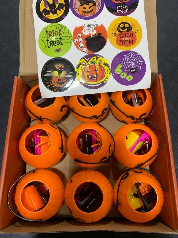 Photo 2 of 144 PCS Halloween Party Favors For Kids, 18 Pack Prefilled Halloween Pumpkins bucket with Toys Halloween Toys Bulk for Halloween Party School Classroom Prizes Rewards Trick or Treats Gifts